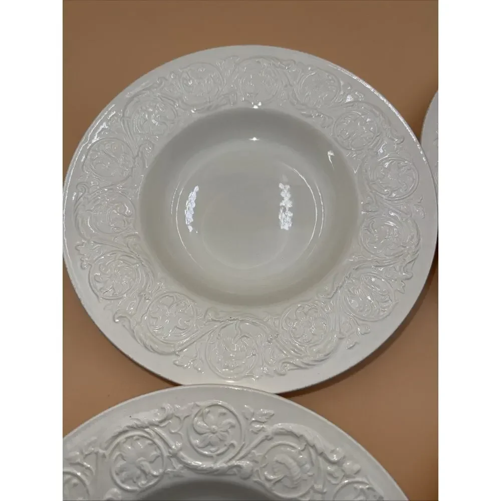 Wedgwood Patrician Rimmed Flat Soup Bowls Ivory Embossed Floral Pattern Set of 4